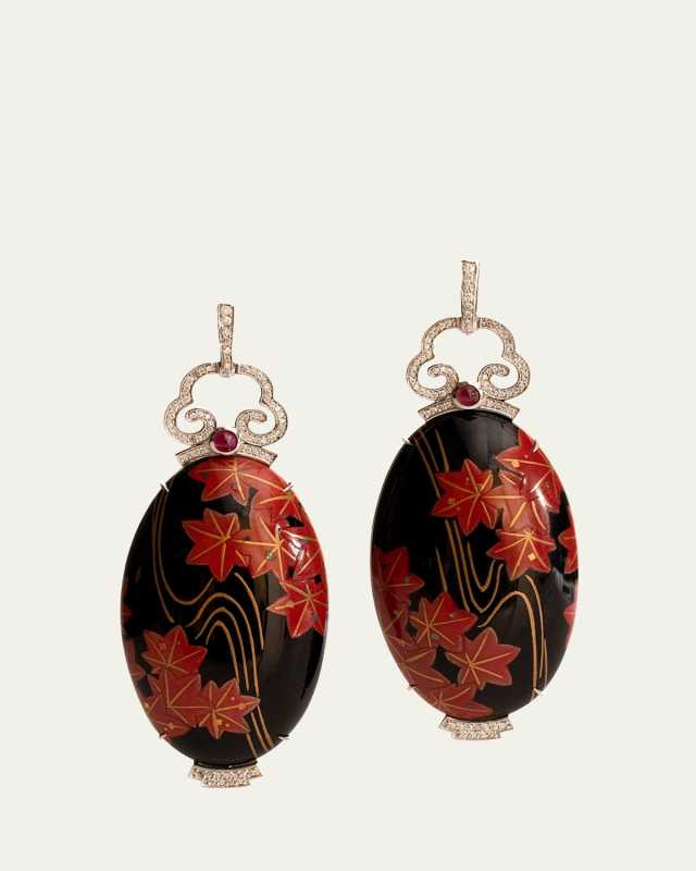 18K White Gold Japanese Lacquer Earrings with Red Flowers, Diamonds and Rubies